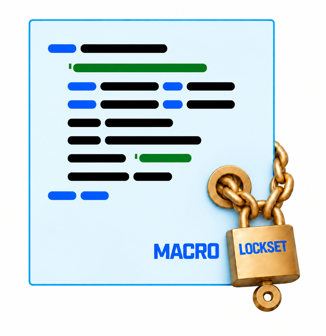 A code document secured with a gold lock bearing the words Macro Lockset